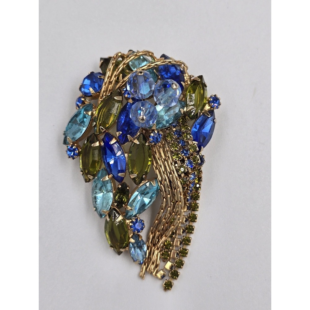 Vintage Mid-Century Blue‎ & Olive Green Rhinestone Cascade Brooch Pin 3" - Picture 5 of 12